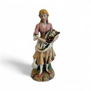 Vintage Homco Porcelain Maiden Figurine with Goose and Fruit Basket